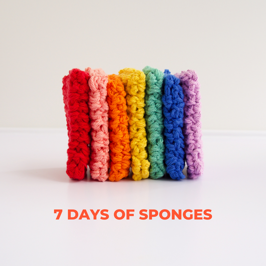 A collection of seven multicolored cotton sponges, arranged in a rainbow pattern, with a text overlay indicating '7 DAYS OF SPONGES'.