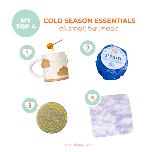 4 cold season essentials featuring handmade cloud mug, shower steamer, skin balm, and reusable cloth tissues